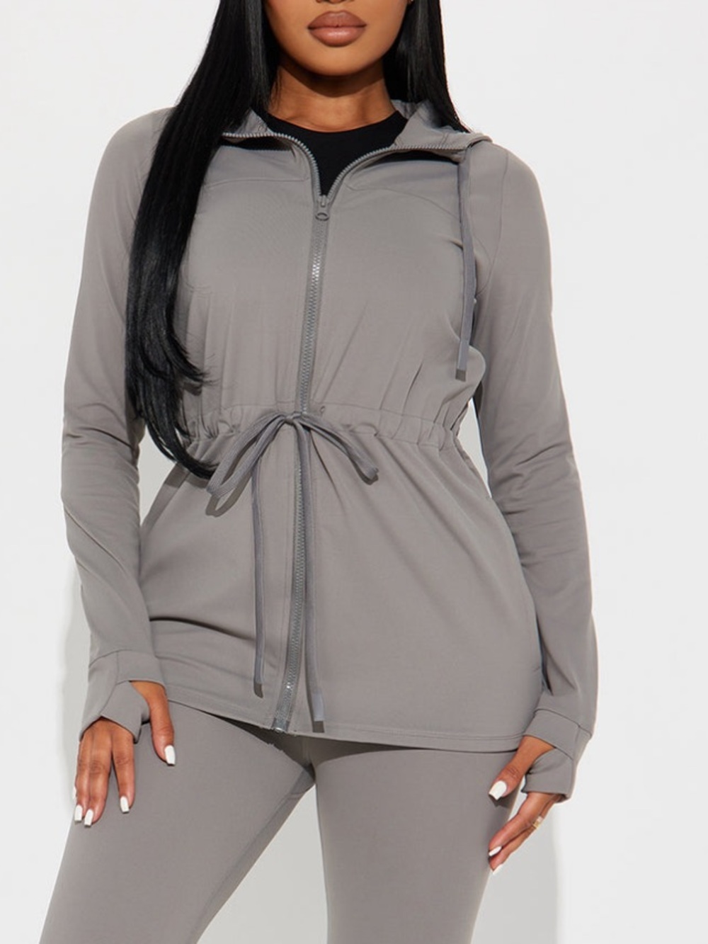 Fashion Nova Grey Drawstring Zip Active Jacket & Leggings